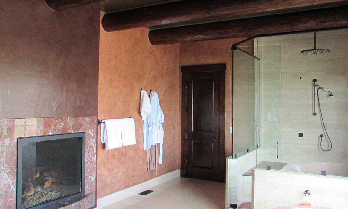 Master bathroom; multi-level faux finish with stain and glaze on woodwork and logs
