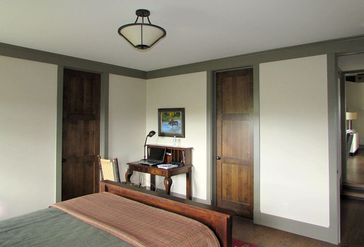 Enamel trim work, stain, glaze, and lacquer on doors