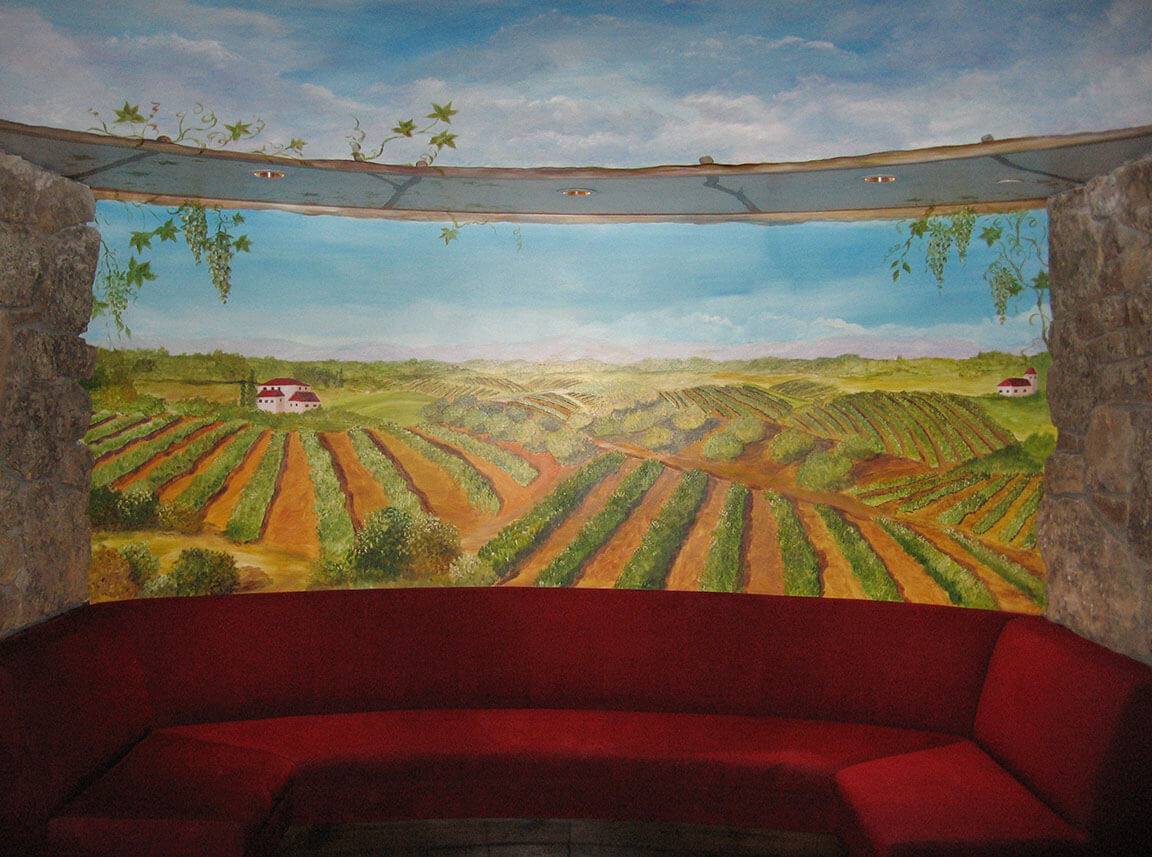Custom, hand-painted mural on the walls and ceiling